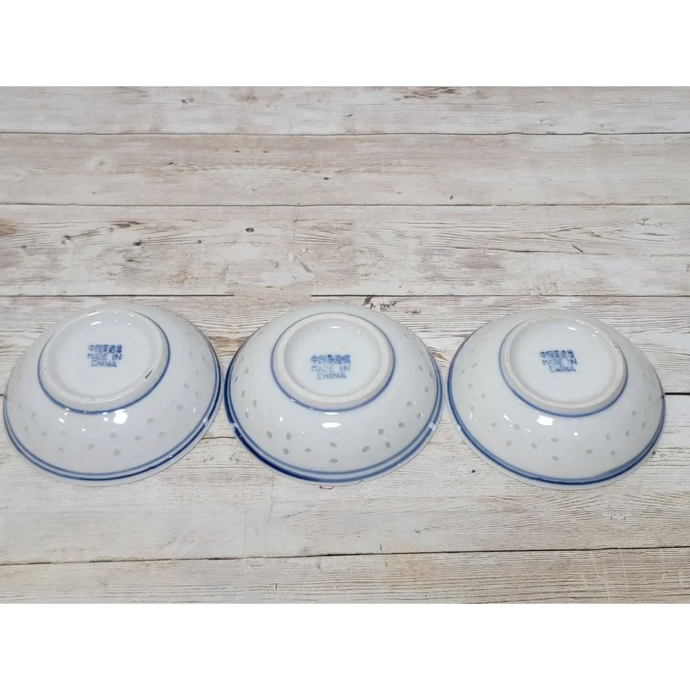 x3 Chinese Rice Grain Small‎ Bowls, Soya Sauce Bowls, Blue and White China